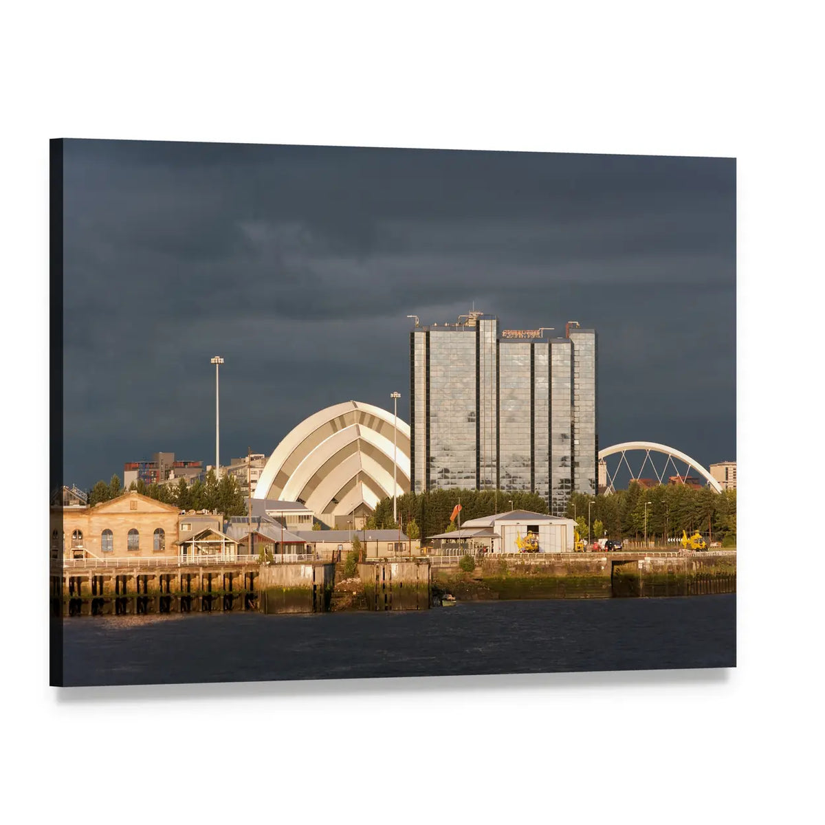 Sunlit Buildings Against Storm Clouds Canvas Wall Art, single panel gallery wrapped canvas, angled product view