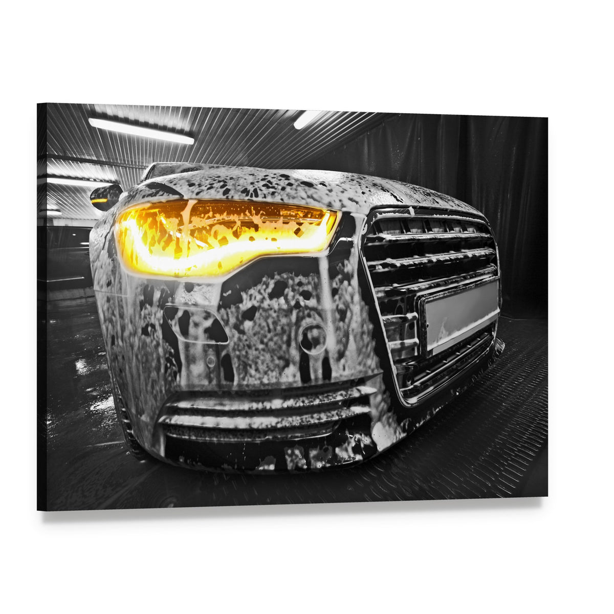 Black Car Covered in Soap Suds Canvas Wall Art, single panel gallery wrapped canvas, angled product view