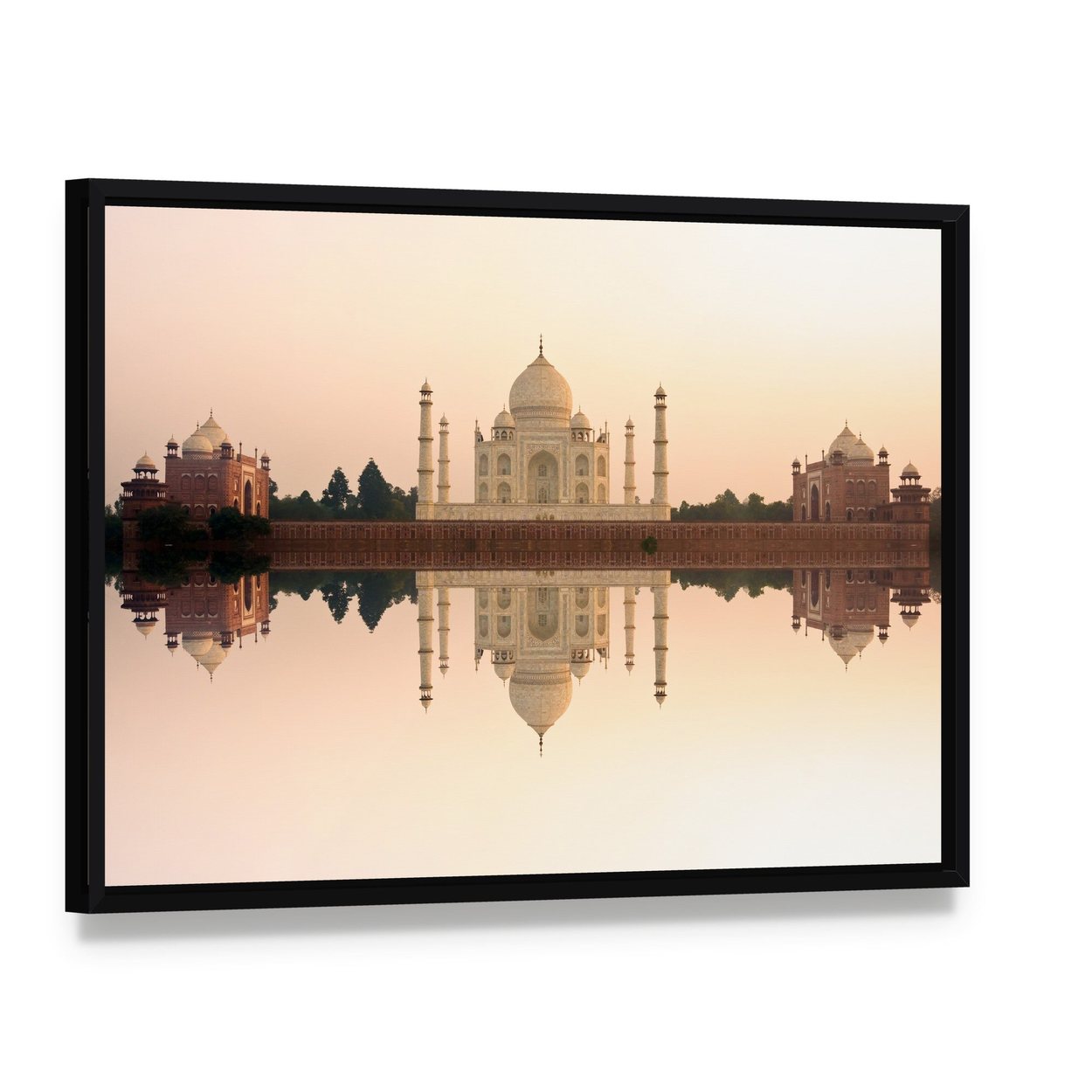 Taj Mahal at Sunset Reflection Canvas Wall Art, framed canvas in a black floater frame, angled product view