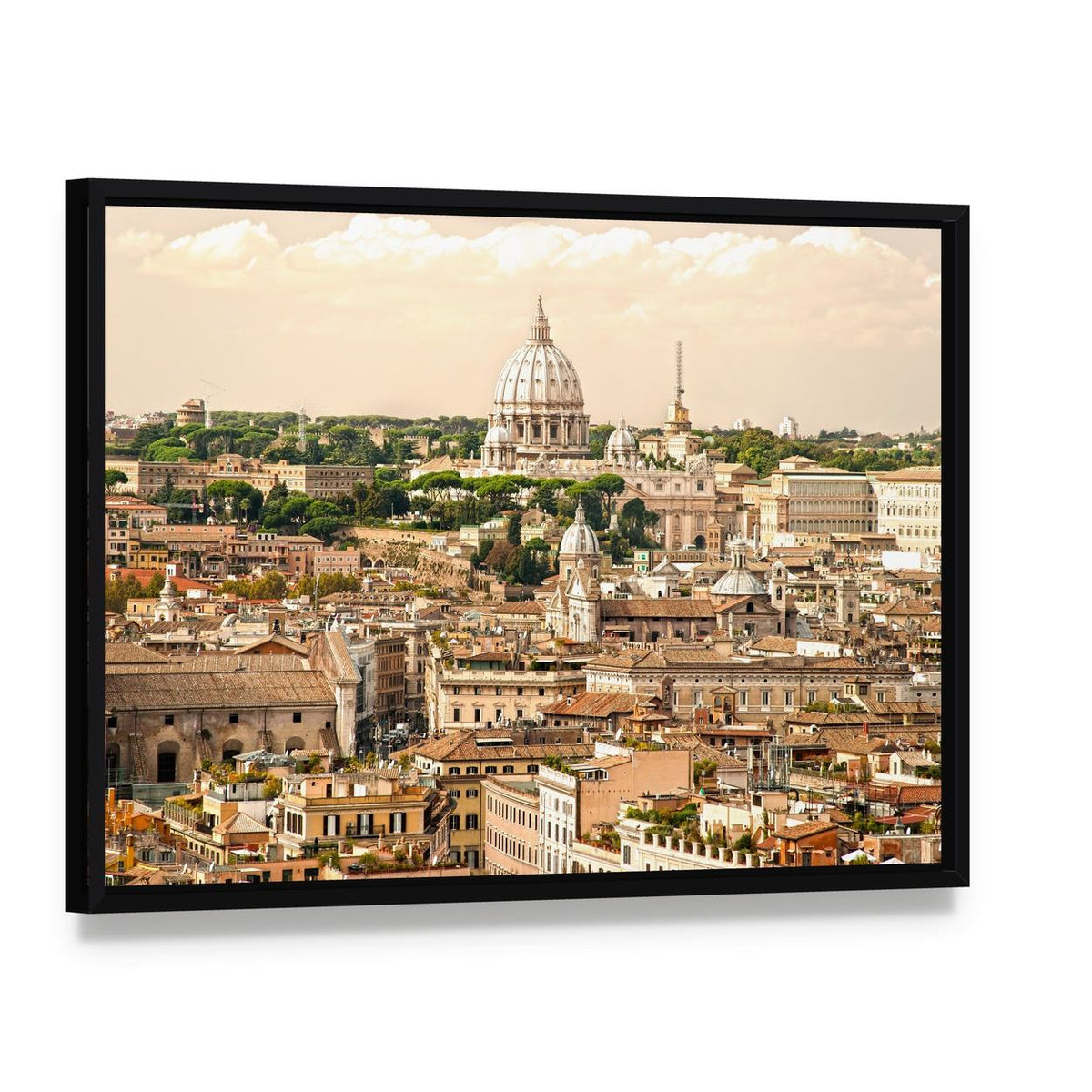 St. Peter's Basilica Cityscape Canvas Wall Art, framed canvas in a black floater frame, angled product view
