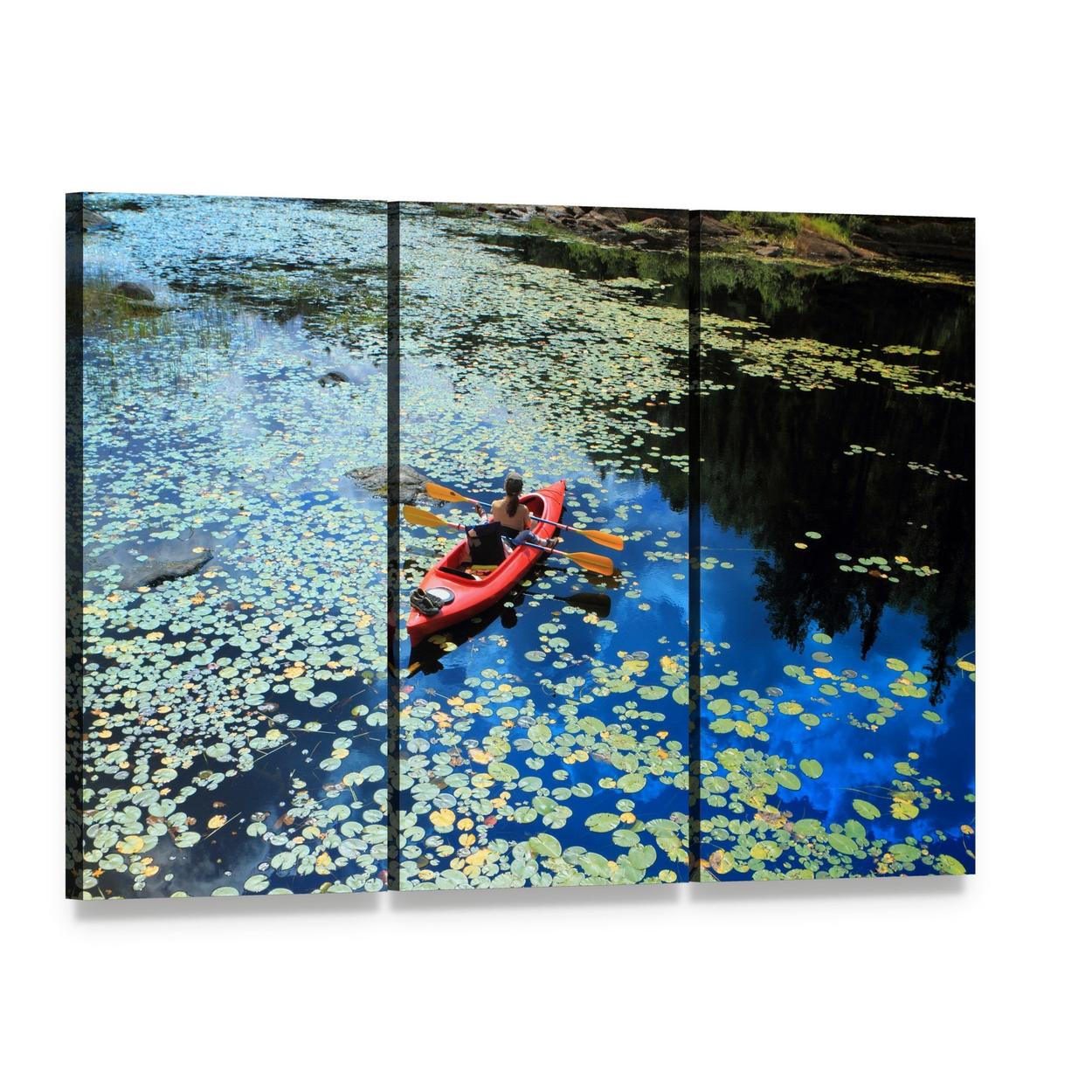 Kayaking Among Water Lilies Canvas Wall Art, 3 panel 3 Horizontal layout gallery wrapped canvas set, angled product view