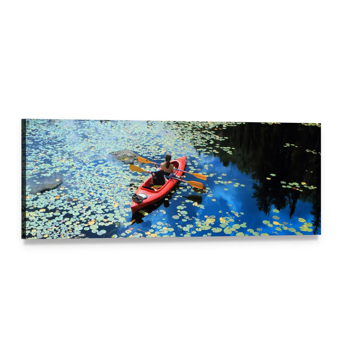 Lone Red Kayak Among Water Lilies Panoramic Canvas Wall Art, single panel gallery wrapped canvas, angled product view