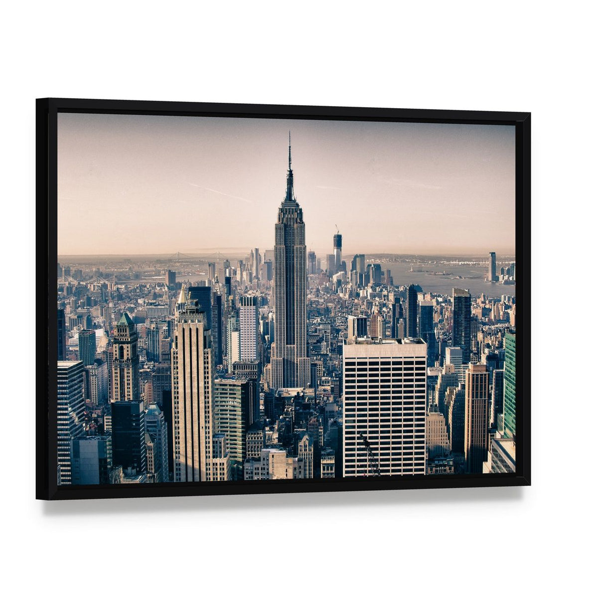 Empire State Building Among Nyc Skyscrapers Canvas Wall Art, framed canvas in a black floater frame, angled product view