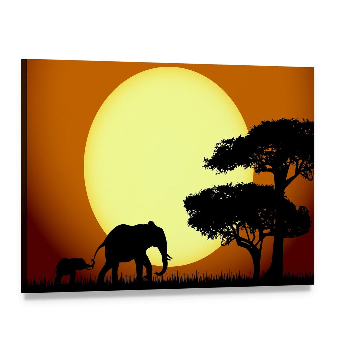 Elephants at Sunset Canvas Wall Art, single panel gallery wrapped canvas, angled product view