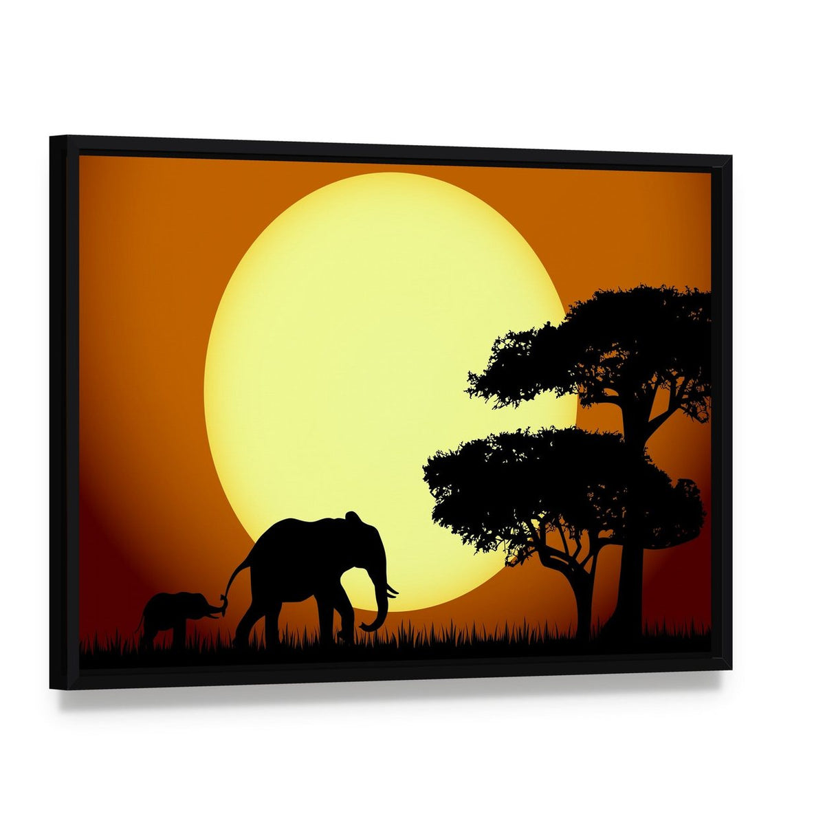 Elephants at Sunset Canvas Wall Art, framed canvas in a black floater frame, angled product view