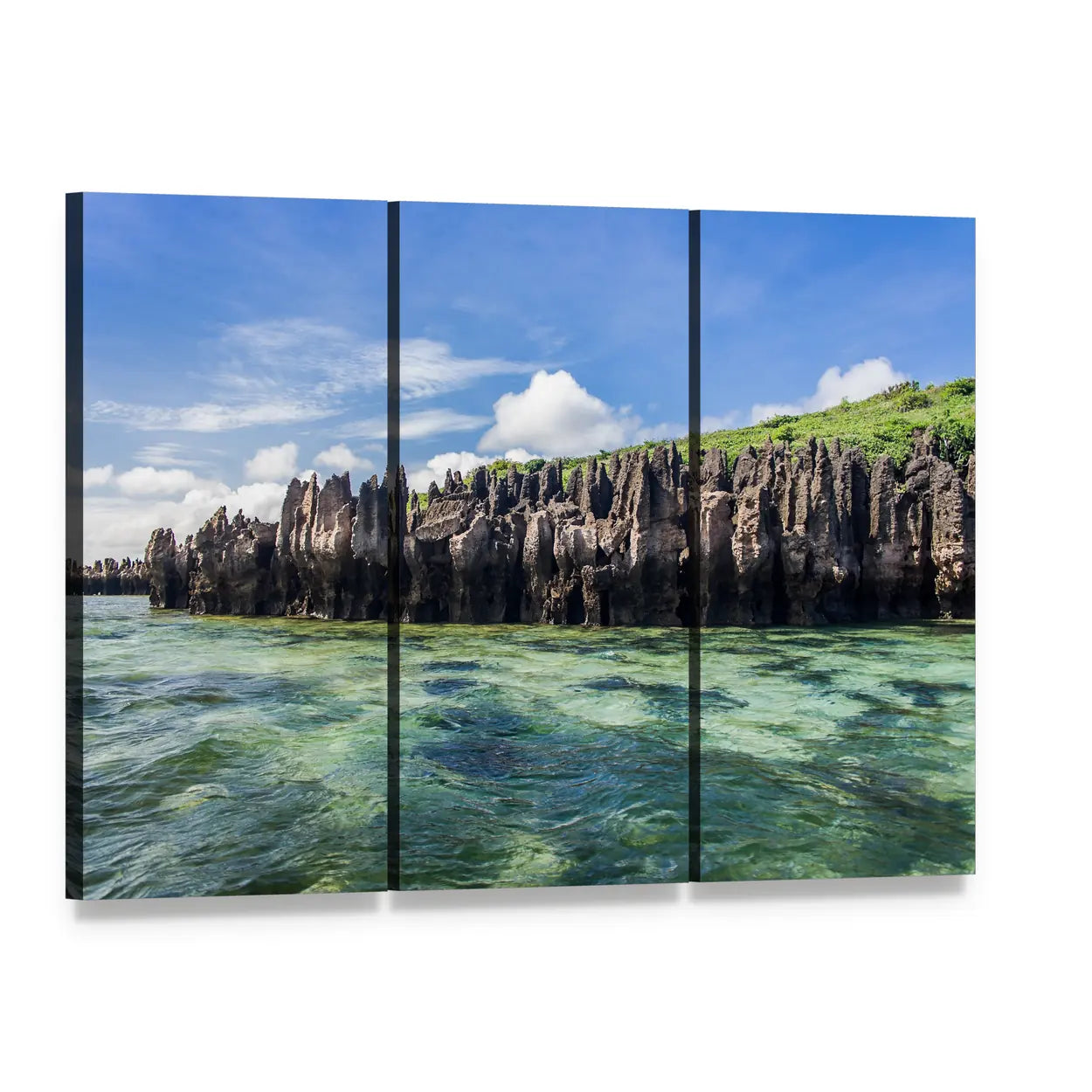 Coastal Cliffs Over Emerald Sea Canvas Wall Art, 3 panel 3 Horizontal layout gallery wrapped canvas set, angled product view