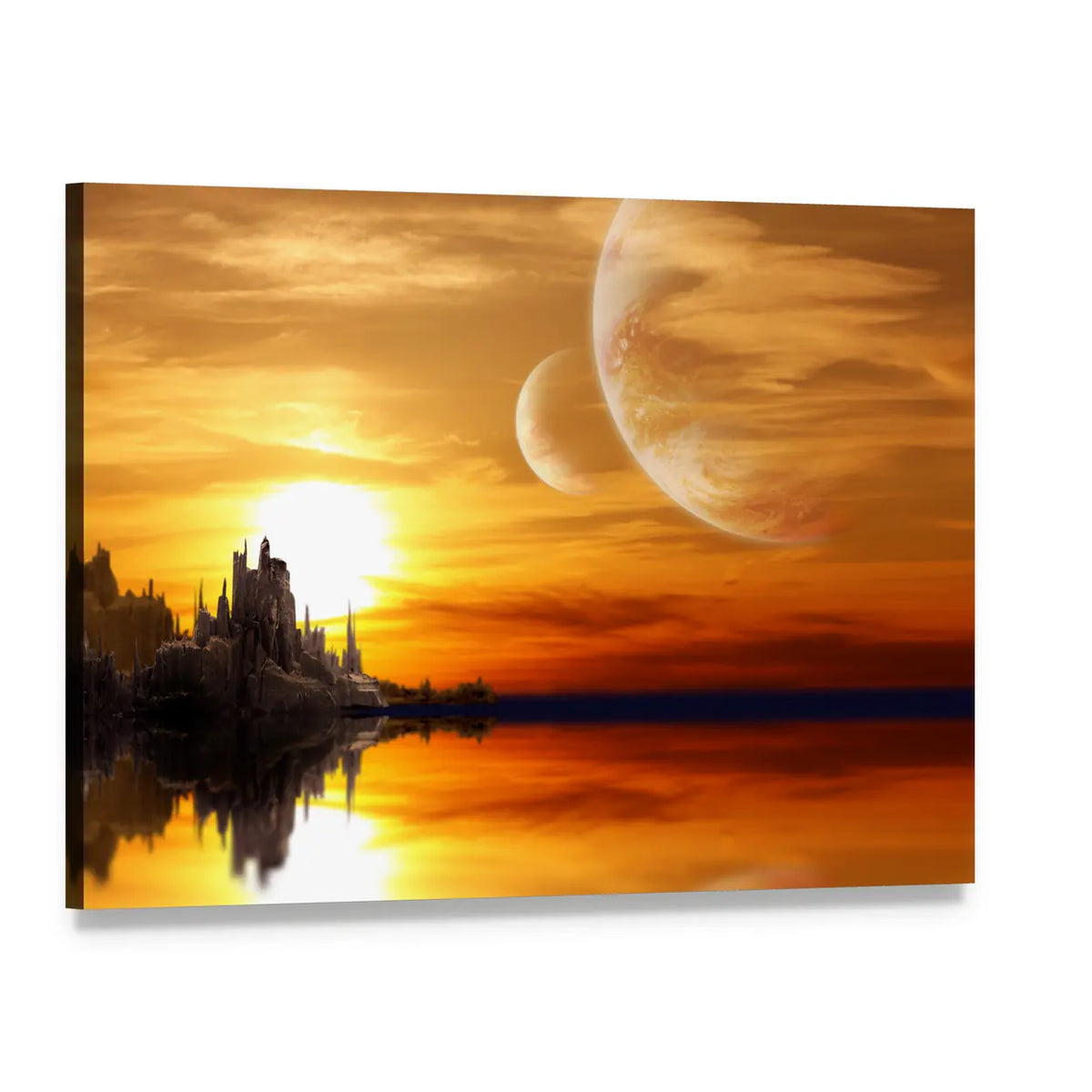 Alien Planet Sunset with Twin Moons Canvas Wall Art, single panel gallery wrapped canvas, angled product view