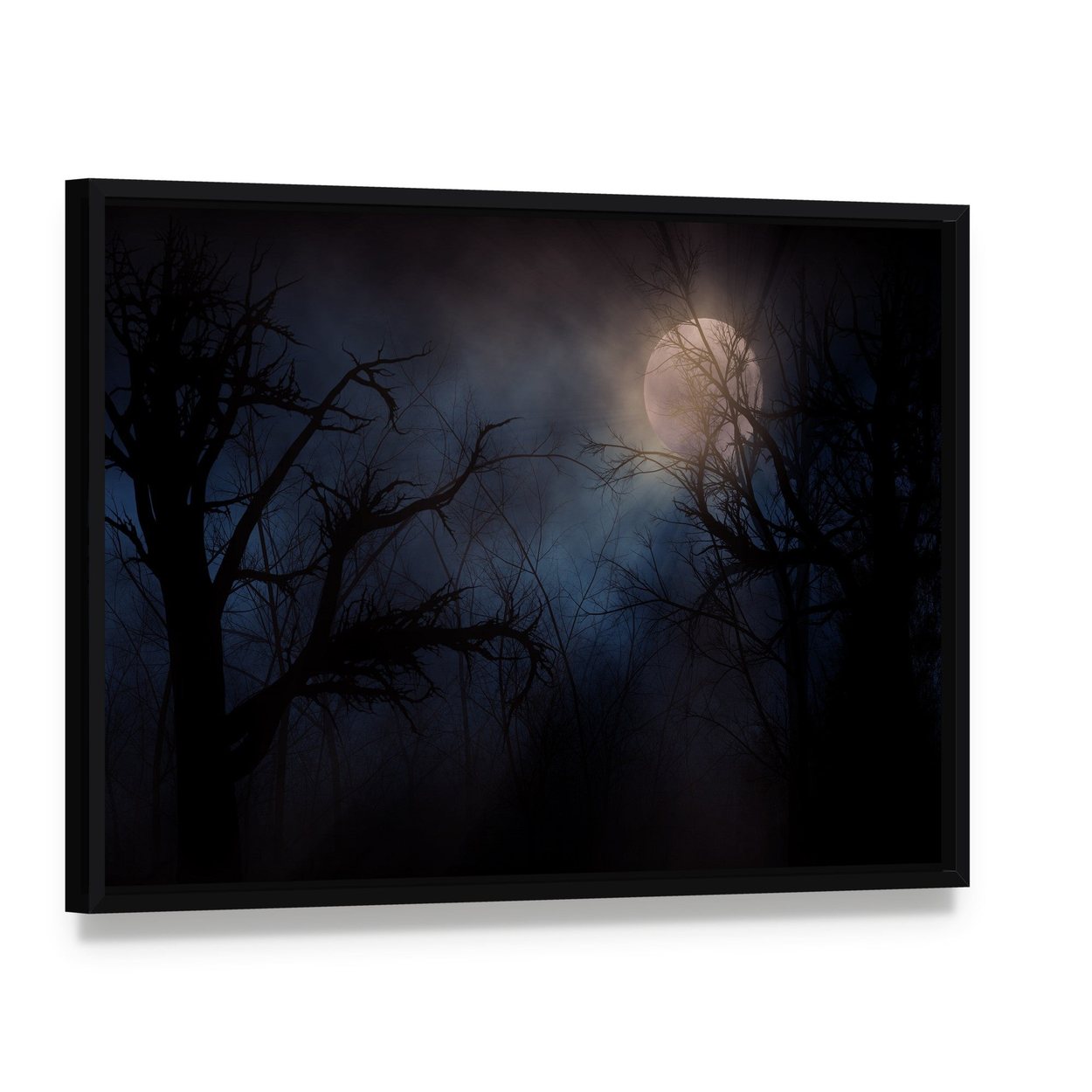 Haunted Trees Under Moon Canvas Wall Art, framed canvas in a black floater frame, angled product view