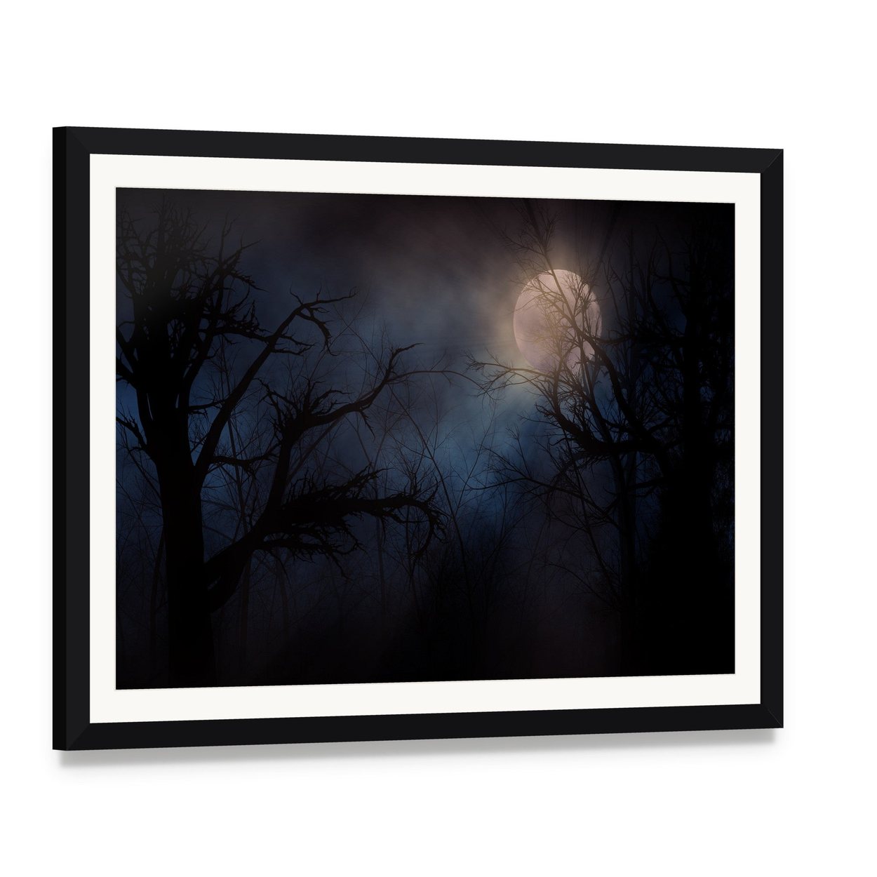 Haunted Trees Under Moon Canvas Wall Art, framed print with white mat and black frame, angled product view