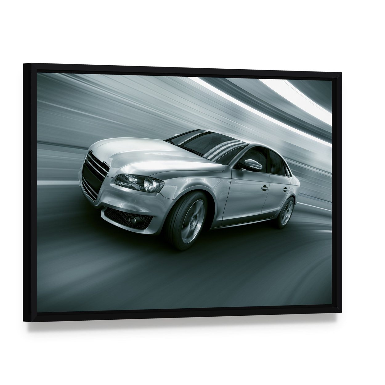 Dynamic Car in Motion Canvas Wall Art, framed canvas in a black floater frame, angled product view
