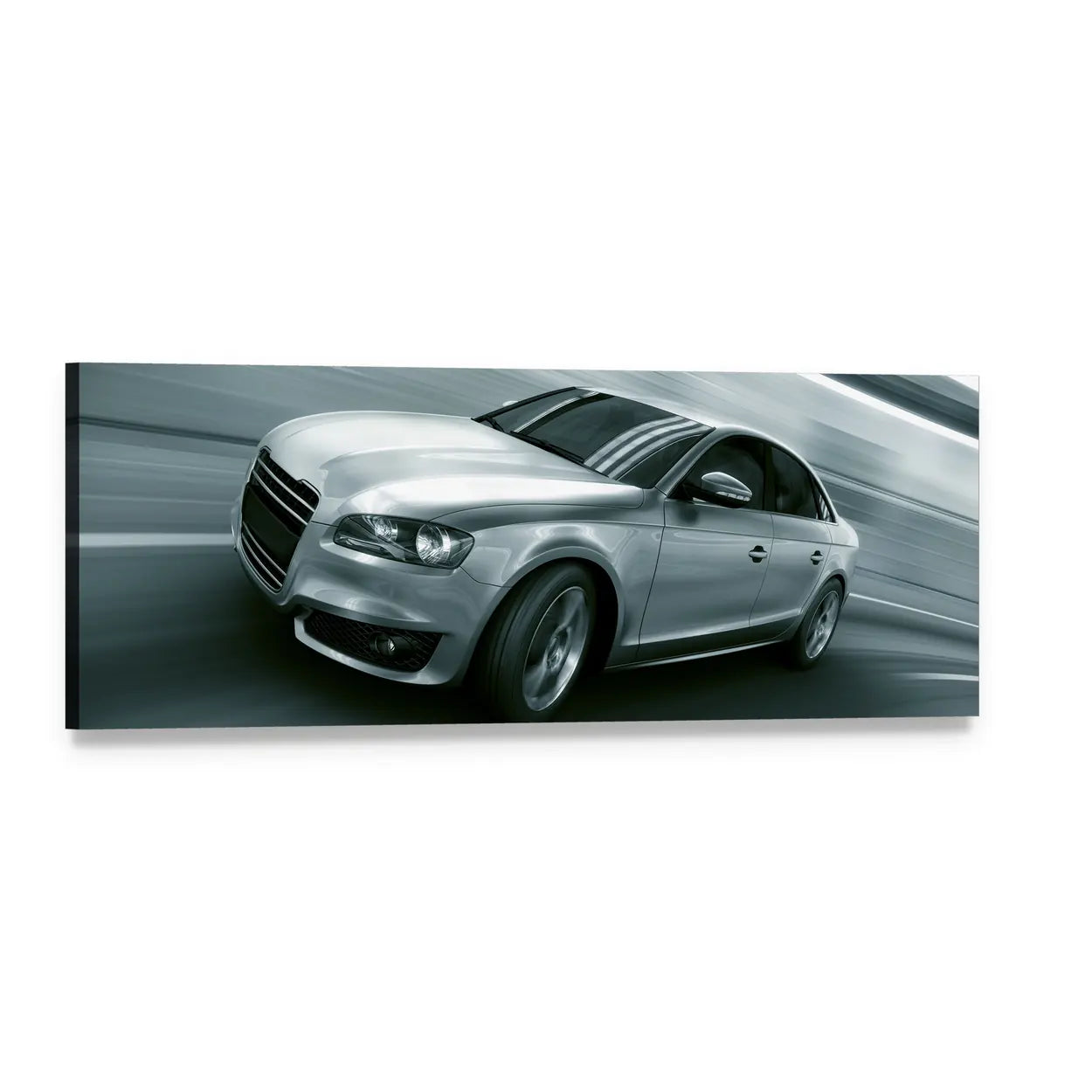 Silver Sedan in Motion Panoramic Canvas Wall Art, single panel gallery wrapped canvas, angled product view