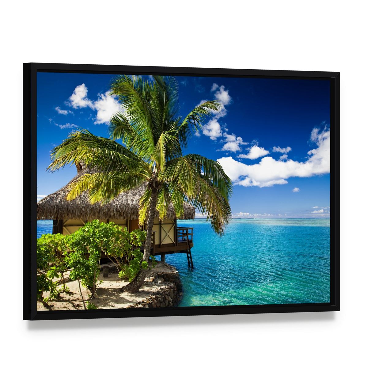 Tropical Bungalow with Palm Trees Canvas Wall Art, framed canvas in a black floater frame, angled product view