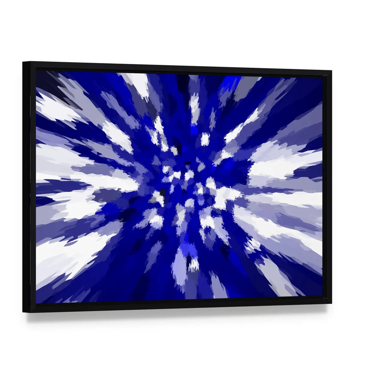 Navy Blue Starburst Abstract Canvas Wall Art, framed canvas in a black floater frame, angled product view