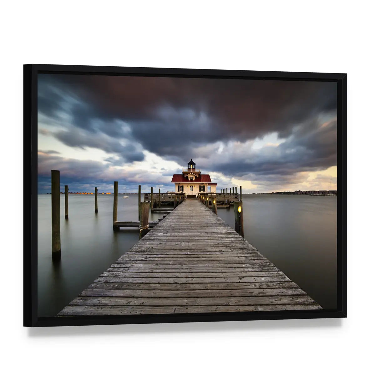 Roanoke Marshes Lighthouse Canvas Wall Art, framed canvas in a black floater frame, angled product view