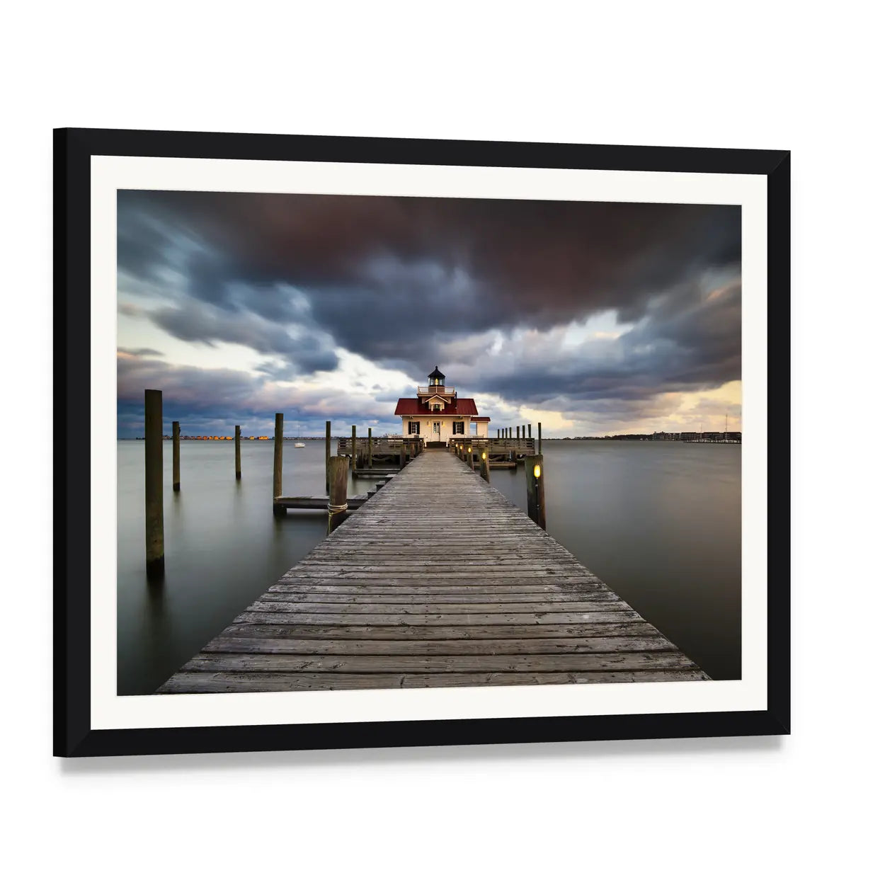 Roanoke Marshes Lighthouse Canvas Wall Art, framed print with white mat and black frame, angled product view