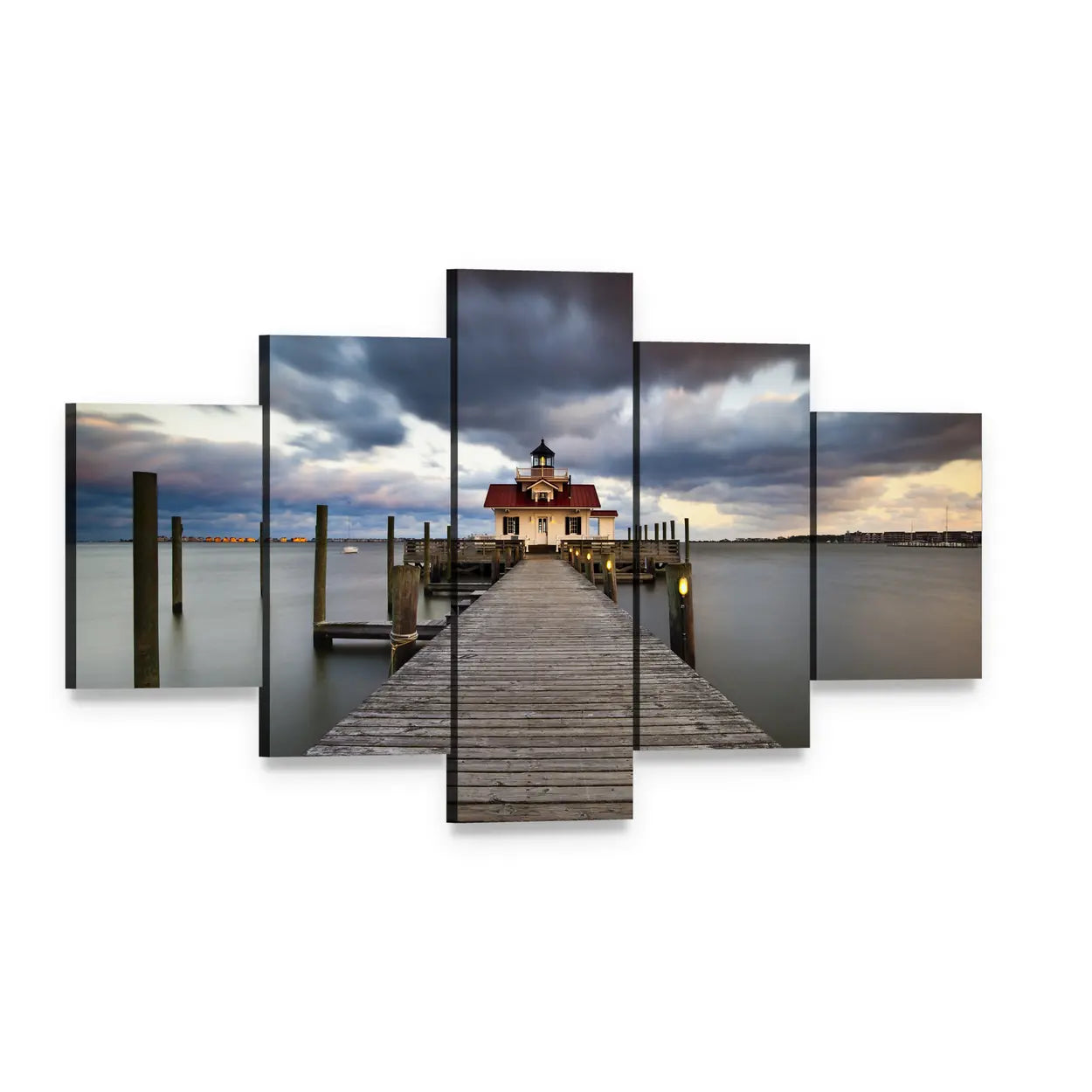 Roanoke Marshes Lighthouse Canvas Wall Art, 5 panel 5 Star layout gallery wrapped canvas set, angled product view