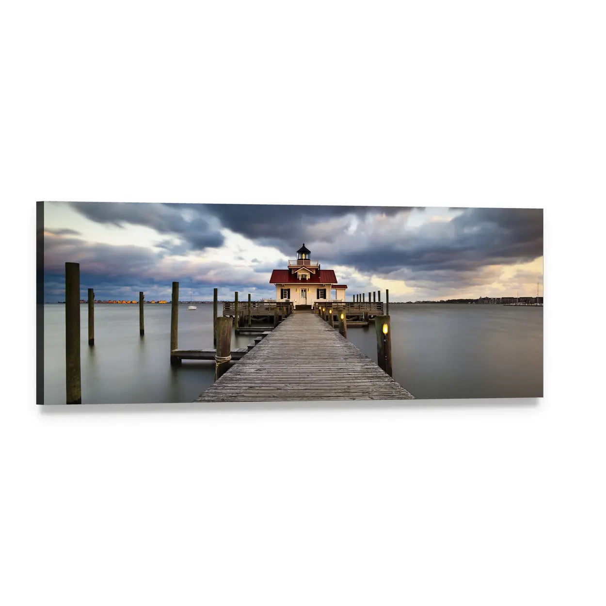 Roanoke Marshes Lighthouse Panoramic Canvas Wall Art, single panel gallery wrapped canvas, angled product view