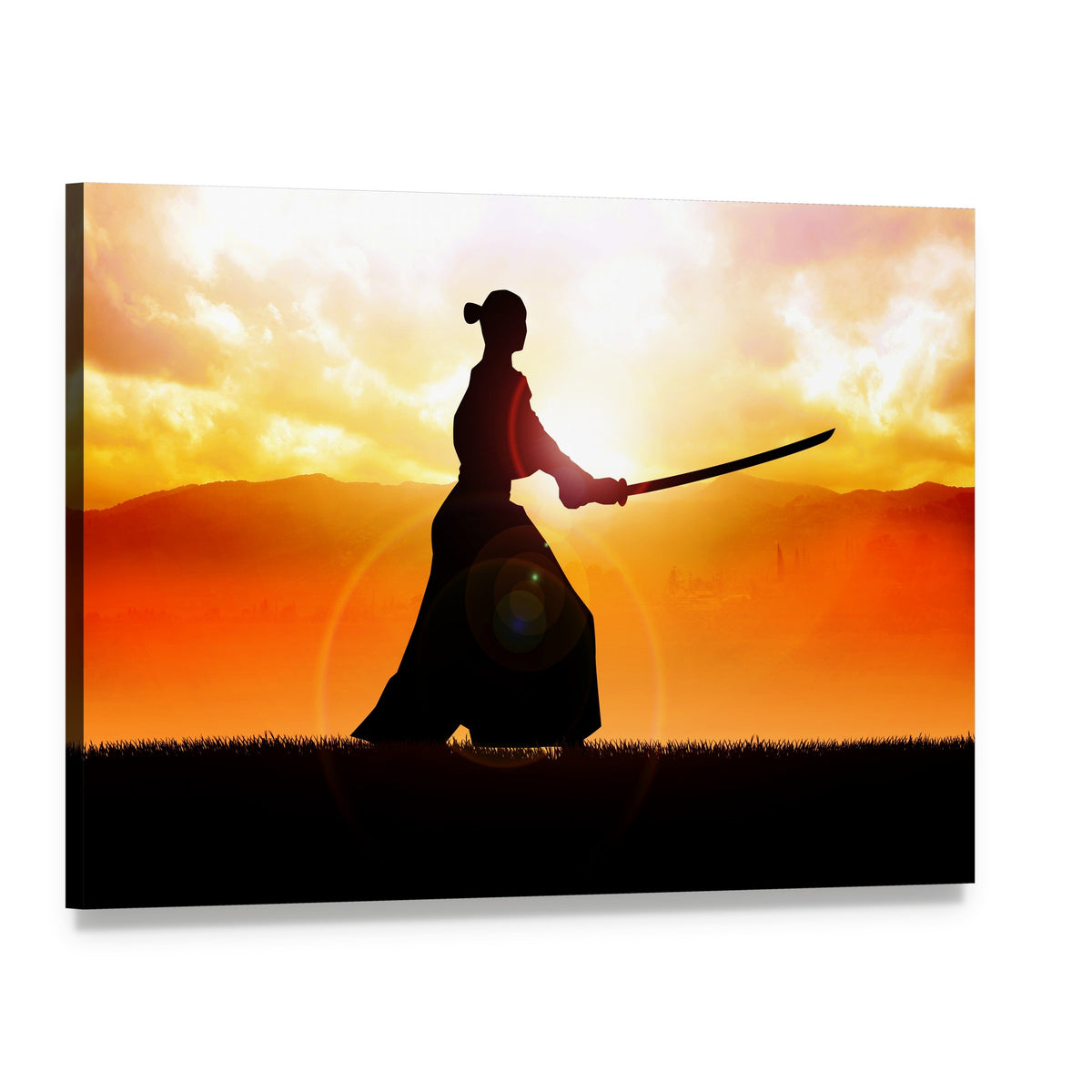 Samurai Silhouette at Sunset Canvas Wall Art, single panel gallery wrapped canvas, angled product view