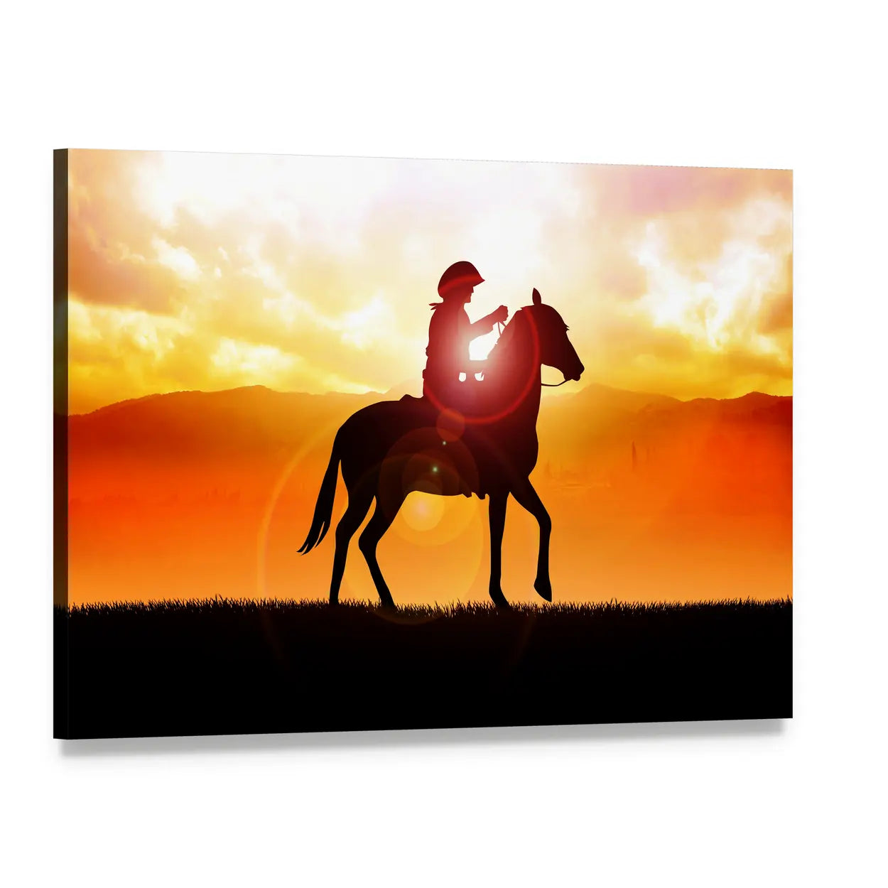 Cowboy and Horse Silhouette at Sunset Canvas Wall Art, single panel gallery wrapped canvas, angled product view