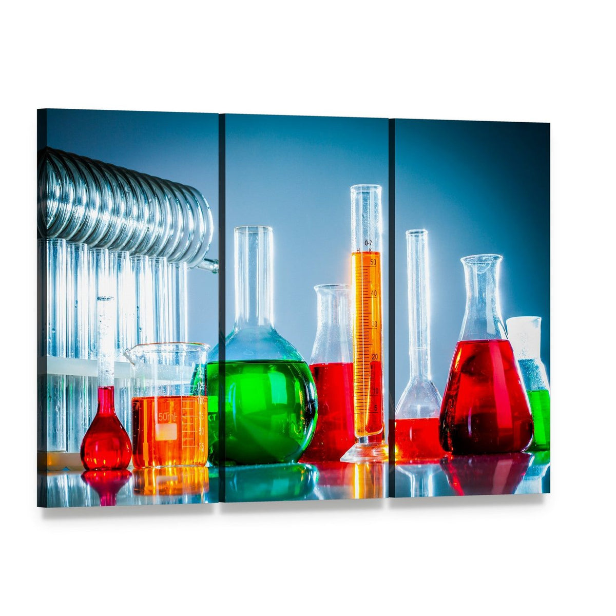 Colorful Test Tubes and Beakers Canvas Wall Art, 3 panel 3 Horizontal layout gallery wrapped canvas set, angled product view