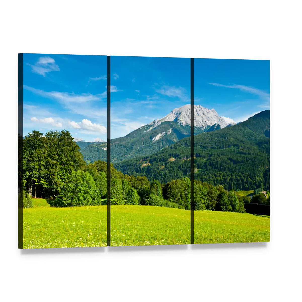 Snow-capped Mountain Over Green Meadow Canvas Wall Art, 3 panel 3 Horizontal layout gallery wrapped canvas set, angled product view