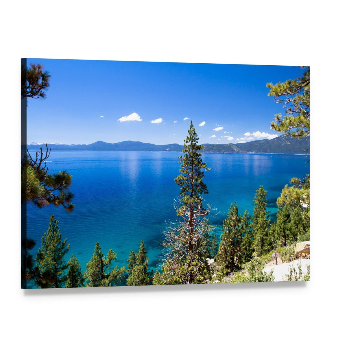 Lake Tahoe Mountains and Pine Trees Canvas Wall Art, single panel gallery wrapped canvas, angled product view