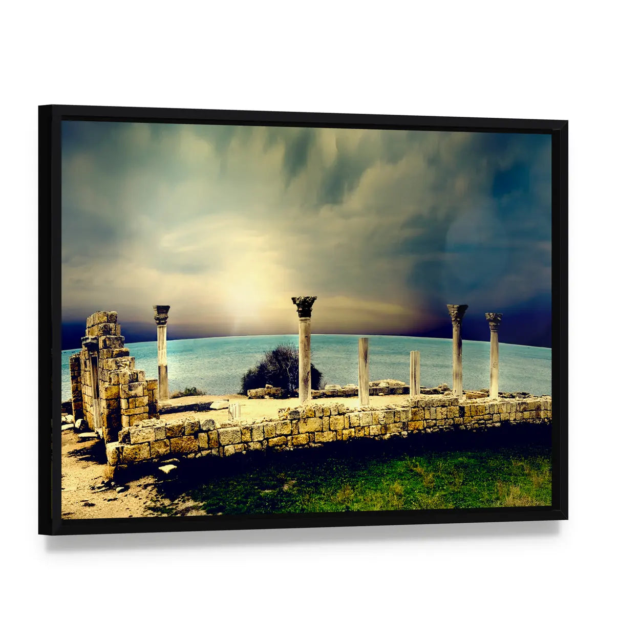 Ancient Greek City Ruins Canvas Wall Art, framed canvas in a black floater frame, angled product view