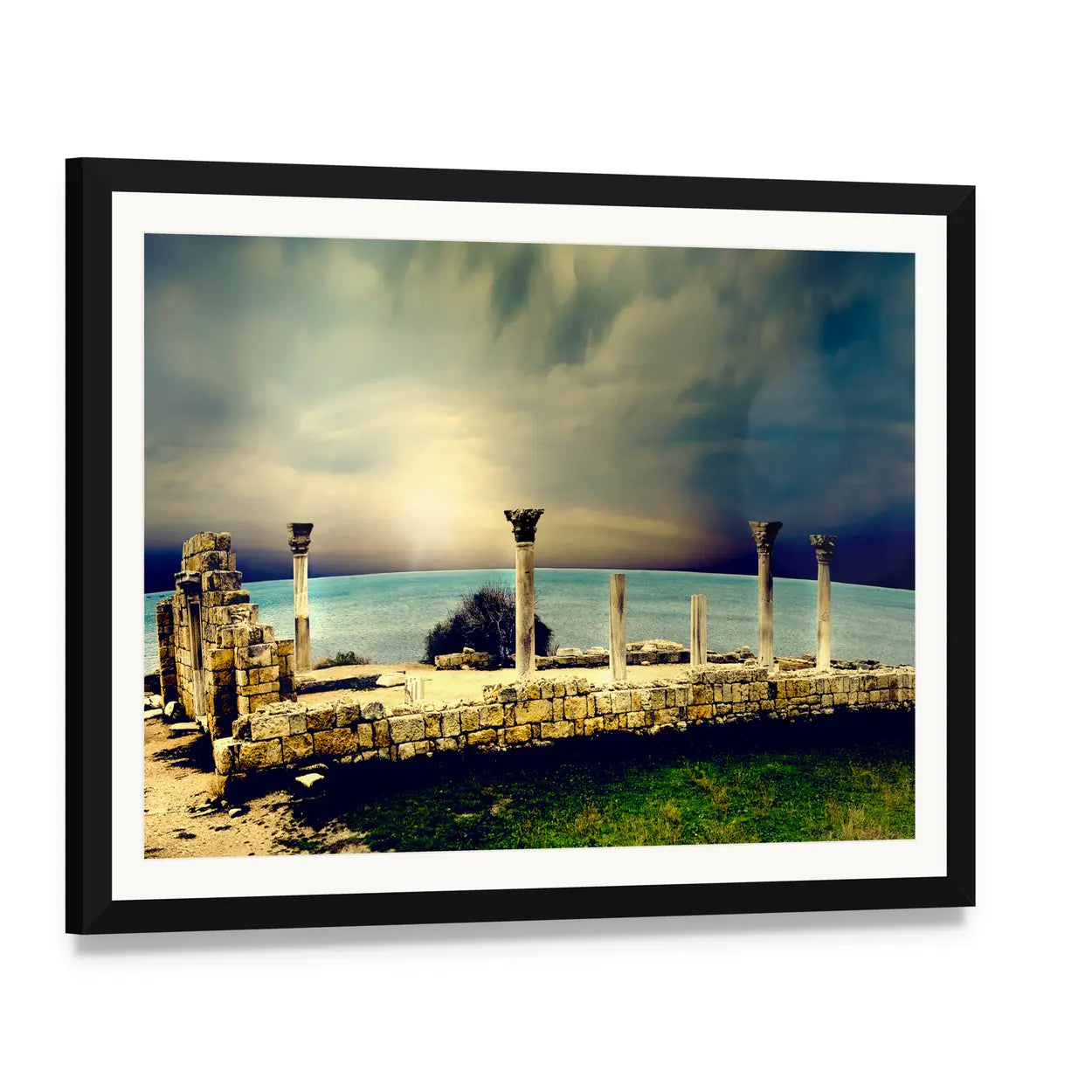 Ancient Greek City Ruins Canvas Wall Art, framed print with white mat and black frame, angled product view