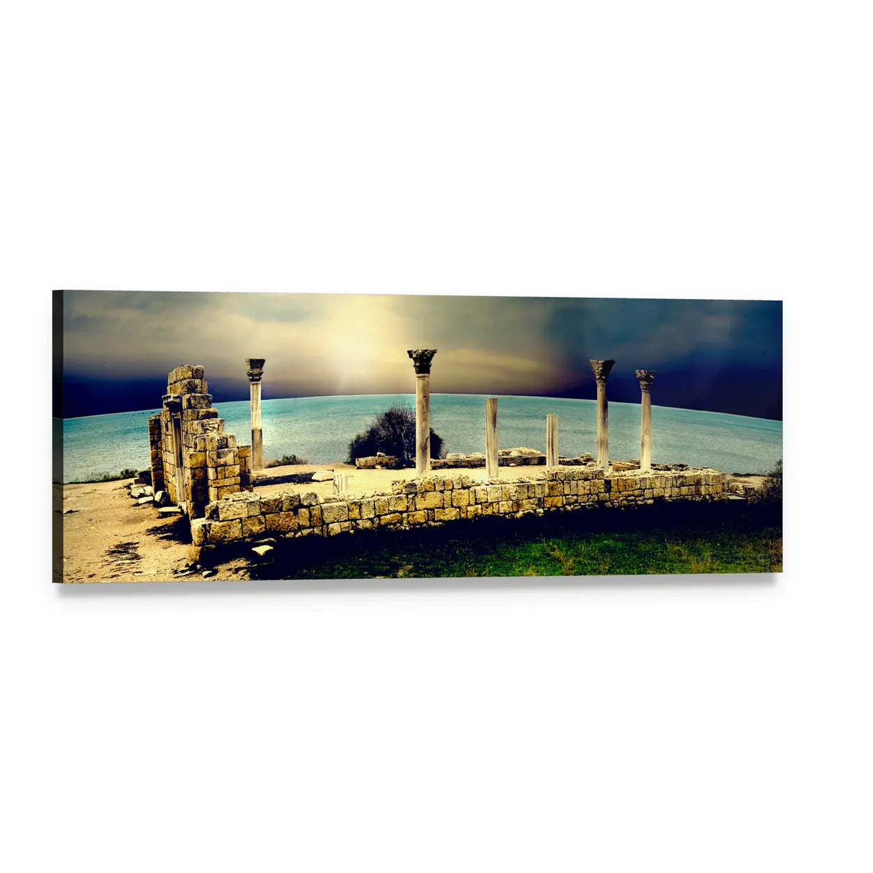 Ancient Greek Coastal Ruins Panoramic Canvas Wall Art, single panel gallery wrapped canvas, angled product view