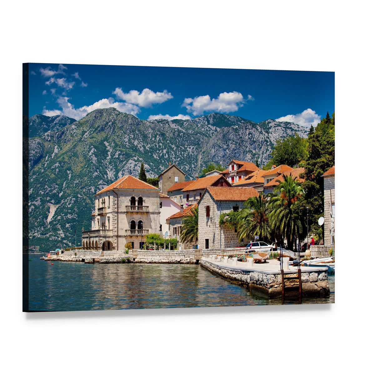 Perast Harbor with Red Tiled Roofs Canvas Wall Art, single panel gallery wrapped canvas, angled product view