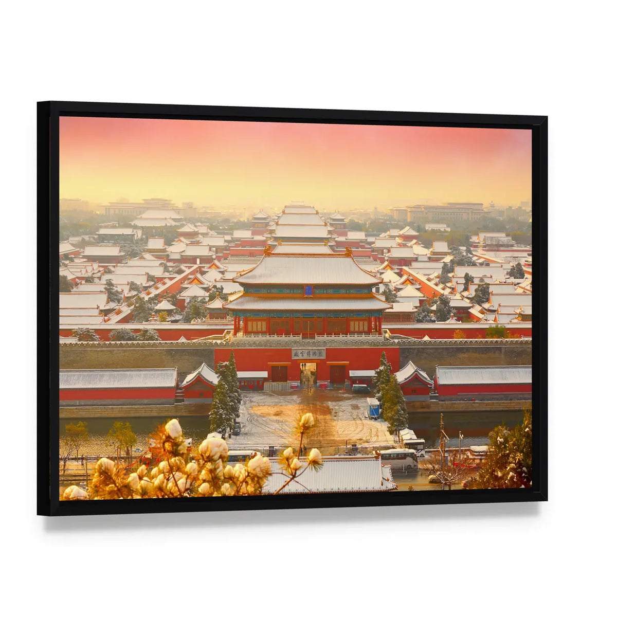 Forbidden City Snow at Sunset Canvas Wall Art, framed canvas in a black floater frame, angled product view