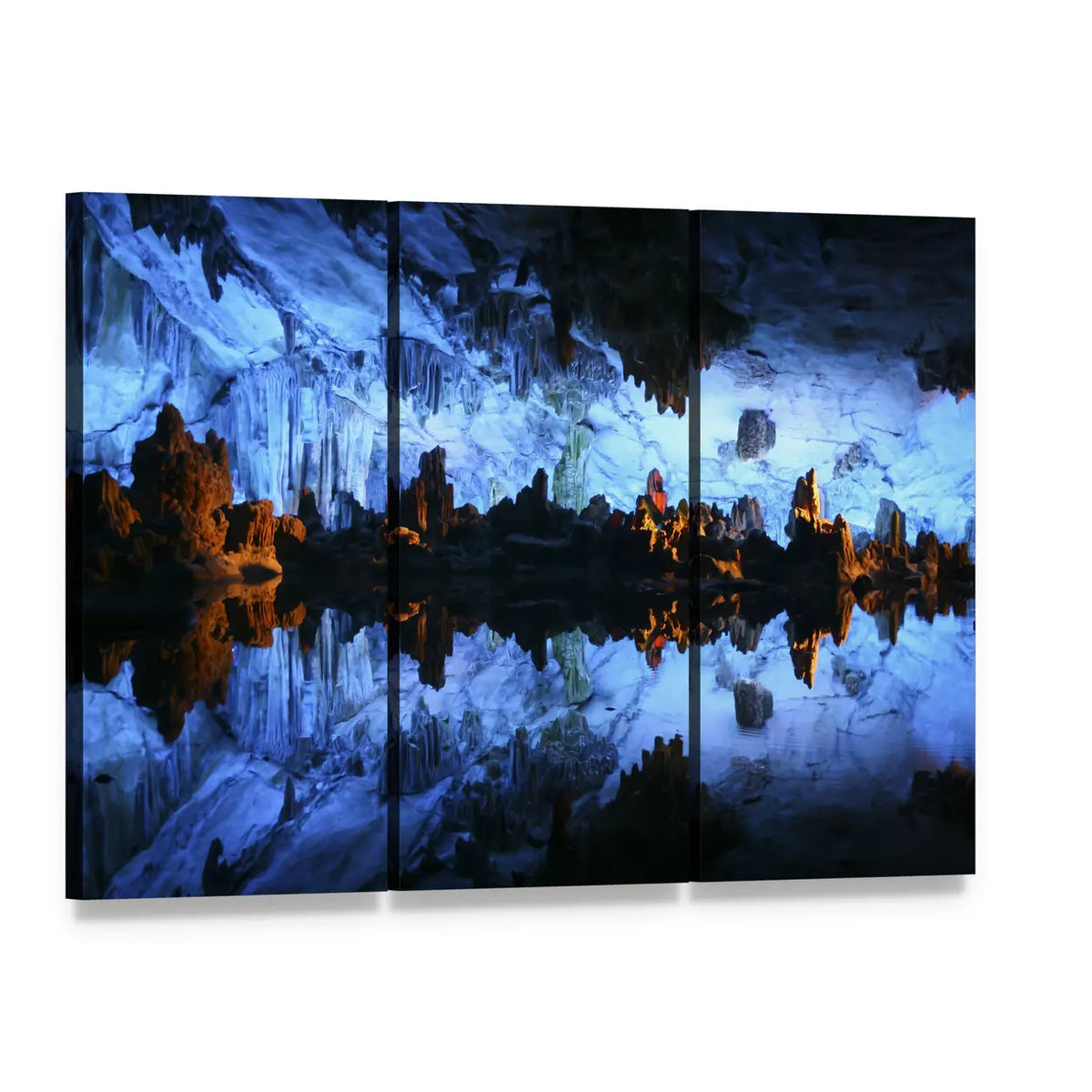 Underground Lake in Reed Flute Cave Canvas Wall Art, 3 panel 3 Horizontal layout gallery wrapped canvas set, angled product view