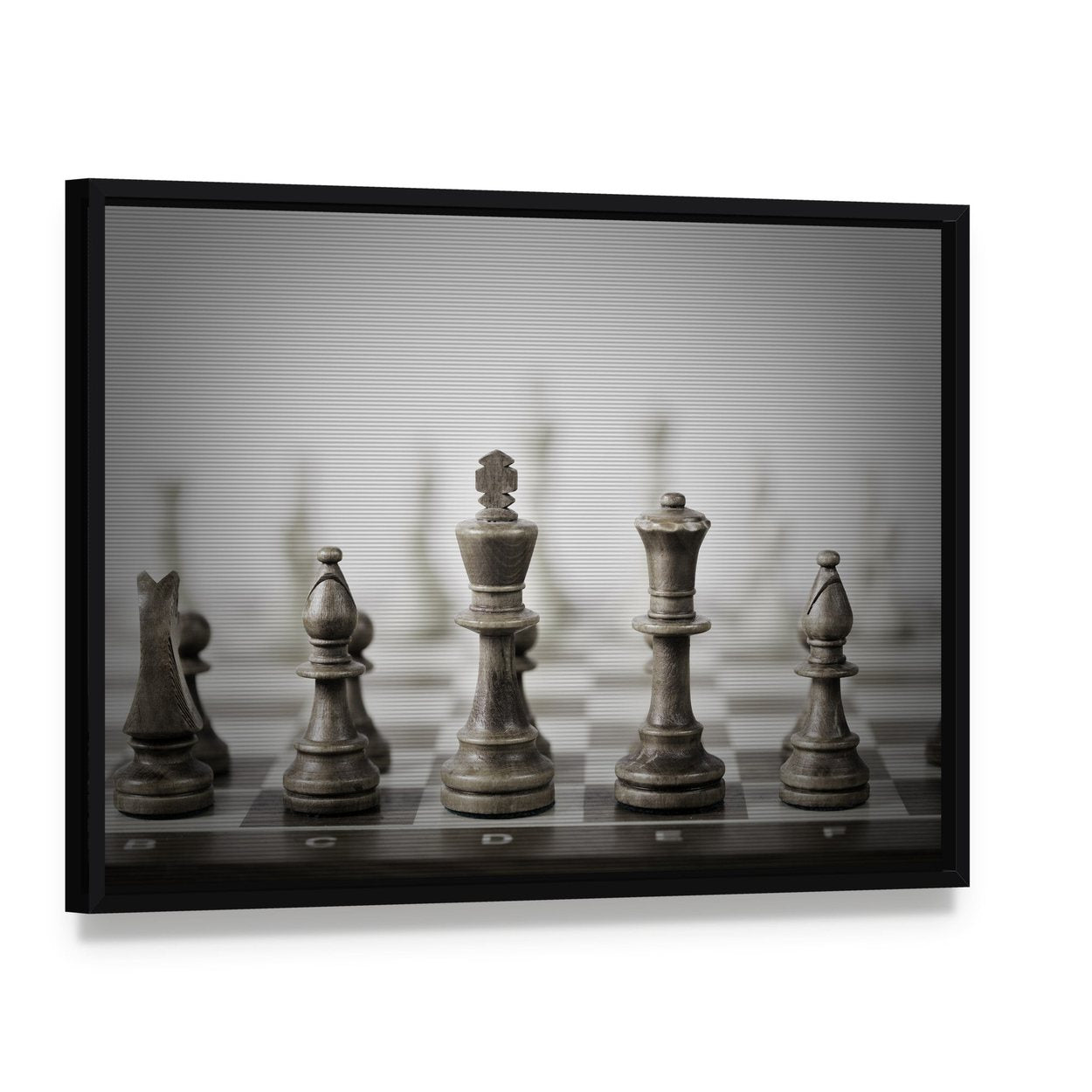 Chess Game Abstract Canvas Wall Art, framed canvas in a black floater frame, angled product view