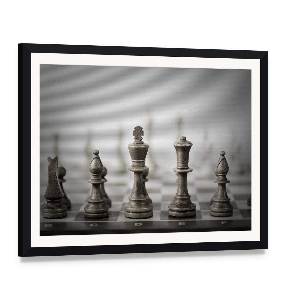 Chess Game Abstract Canvas Wall Art, framed print with white mat and black frame, angled product view
