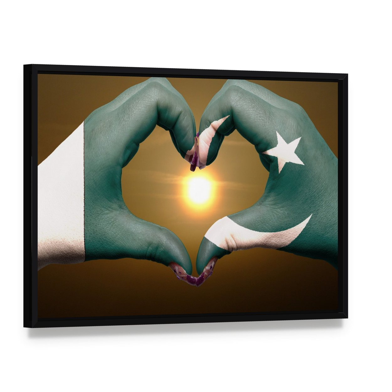 Hands Forming Heart Over Pakistani Flag Canvas Wall Art, framed canvas in a black floater frame, angled product view
