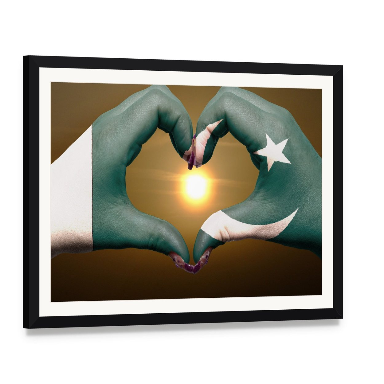 Hands Forming Heart Over Pakistani Flag Canvas Wall Art, framed print with white mat and black frame, angled product view