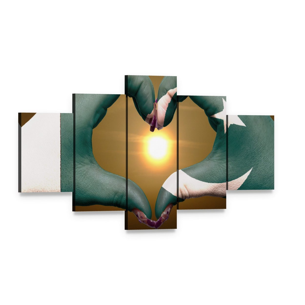 Hands Forming Heart Over Pakistani Flag Canvas Wall Art, 5 panel 5 Star layout gallery wrapped canvas set, angled product view