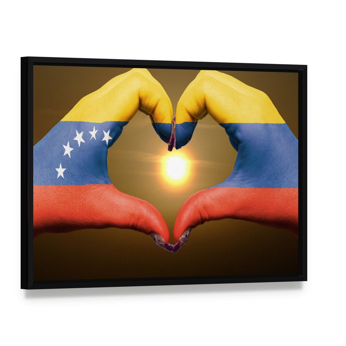 Hands Forming Heart with Venezuelan Flag Canvas Wall Art, framed canvas in a black floater frame, angled product view