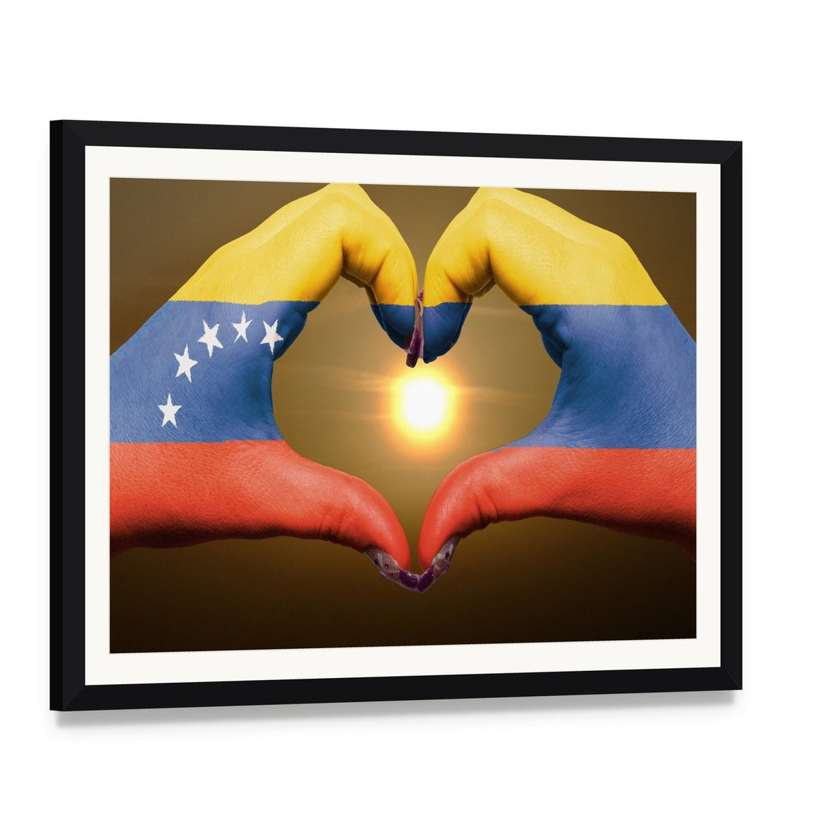 Hands Forming Heart with Venezuelan Flag Canvas Wall Art, framed print with white mat and black frame, angled product view