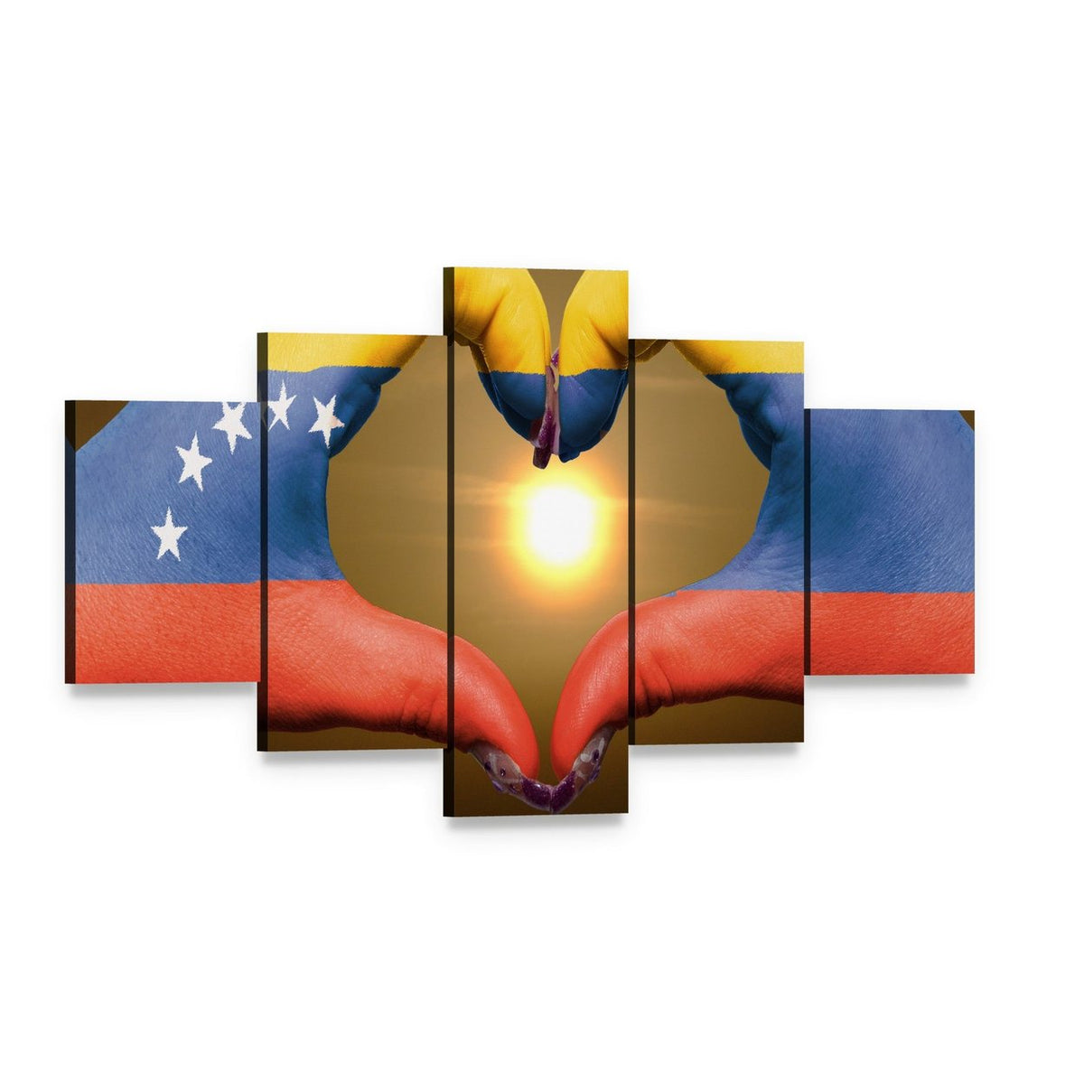 Hands Forming Heart with Venezuelan Flag Canvas Wall Art, 5 panel 5 Star layout gallery wrapped canvas set, angled product view