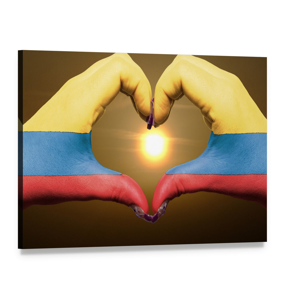 Hands Forming Heart with Colombian Flag Canvas Wall Art, single panel gallery wrapped canvas, angled product view