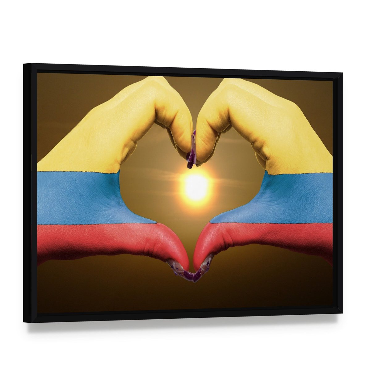 Hands Forming Heart with Colombian Flag Canvas Wall Art, framed canvas in a black floater frame, angled product view