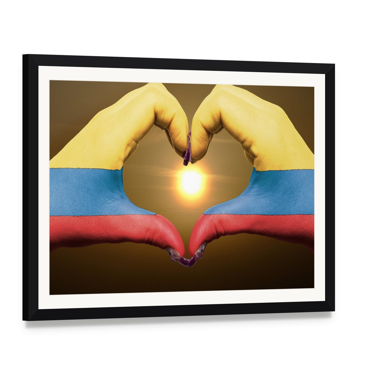 Hands Forming Heart with Colombian Flag Canvas Wall Art, framed print with white mat and black frame, angled product view