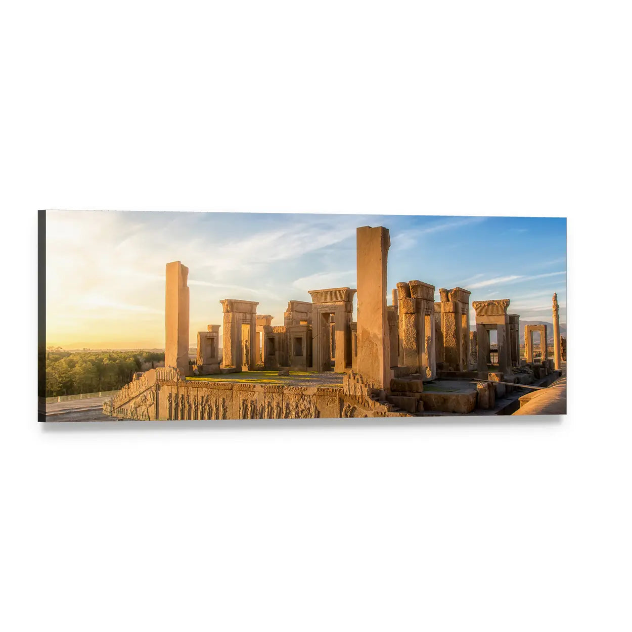 Persepolis Ruins at Golden Hour Panoramic Canvas Wall Art, single panel gallery wrapped canvas, angled product view