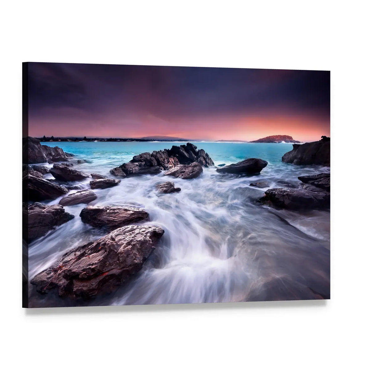 Sunrise Over Australian Beach Canvas Wall Art, single panel gallery wrapped canvas, angled product view
