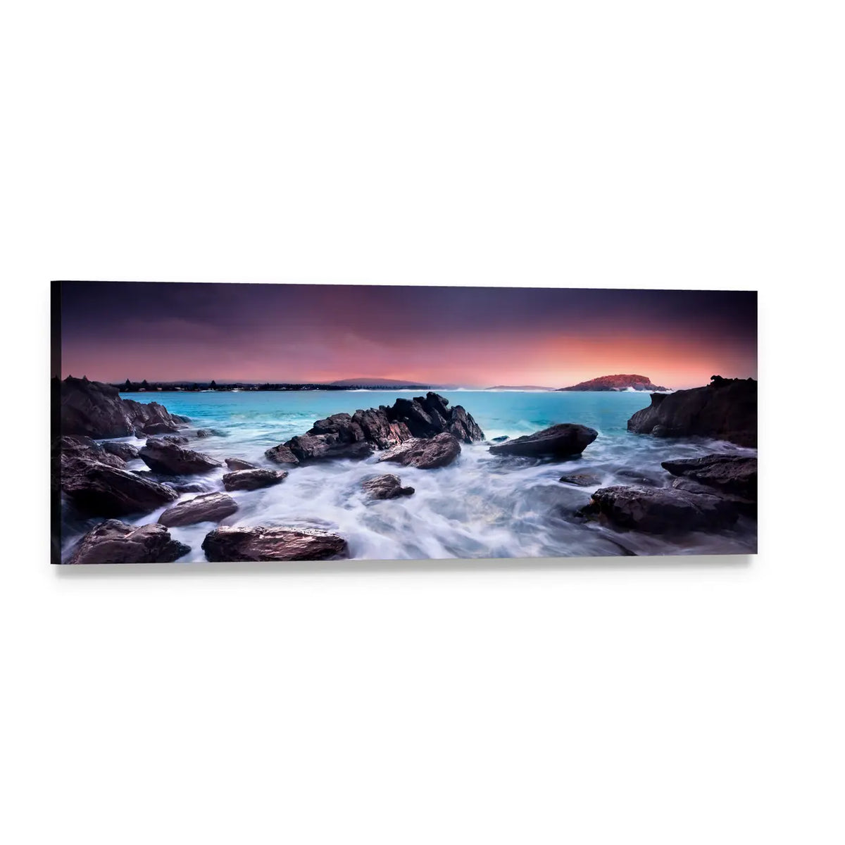 Sunrise Over Australian Beach Panoramic Canvas Wall Art, single panel gallery wrapped canvas, angled product view