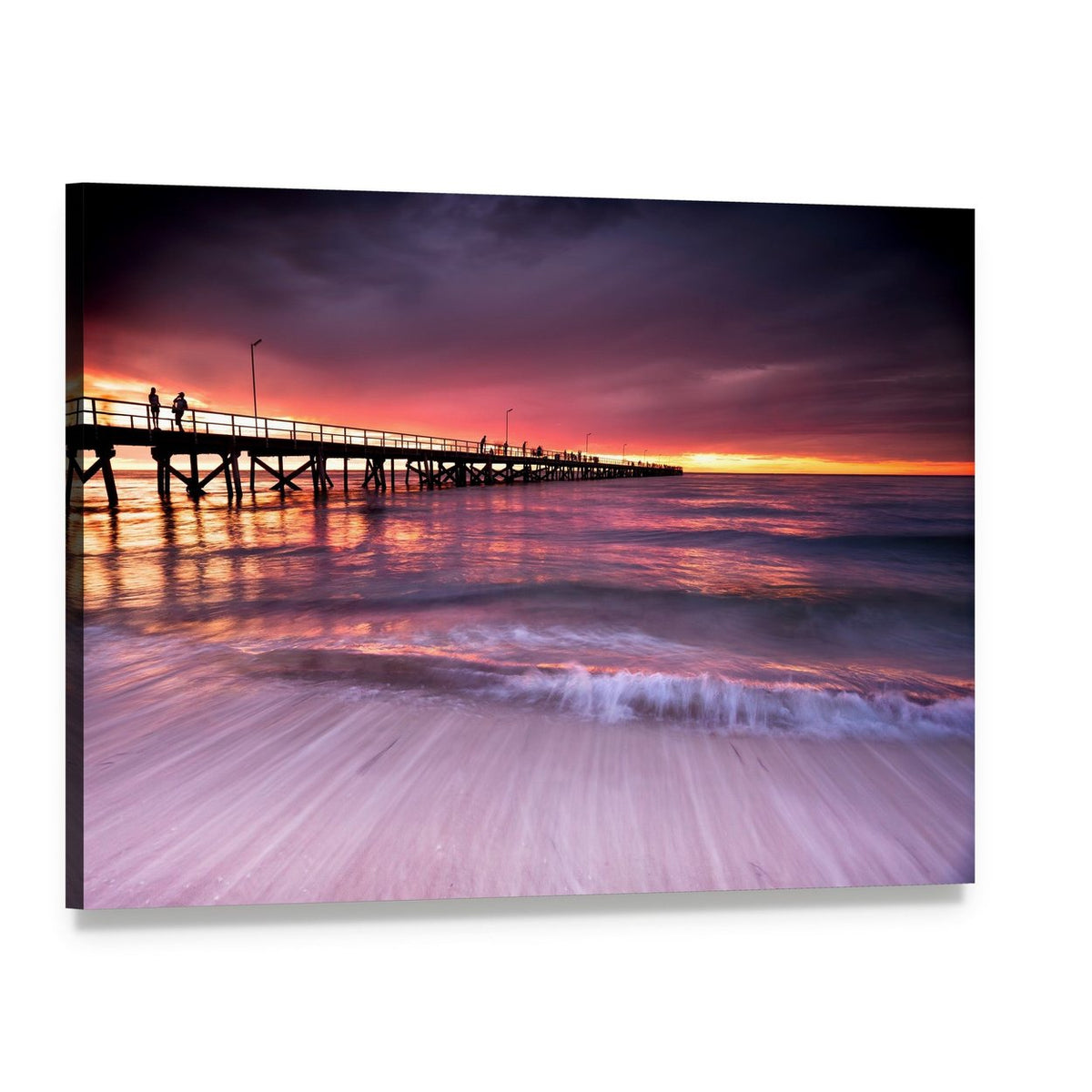 Silhouetted Pier at Ocean Sunset Canvas Wall Art, single panel gallery wrapped canvas, angled product view