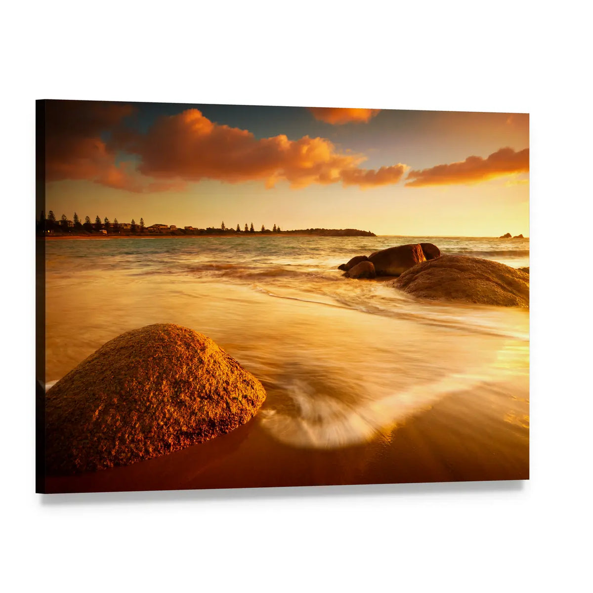 Sunrise Over Australian Beach Canvas Wall Art, single panel gallery wrapped canvas, angled product view