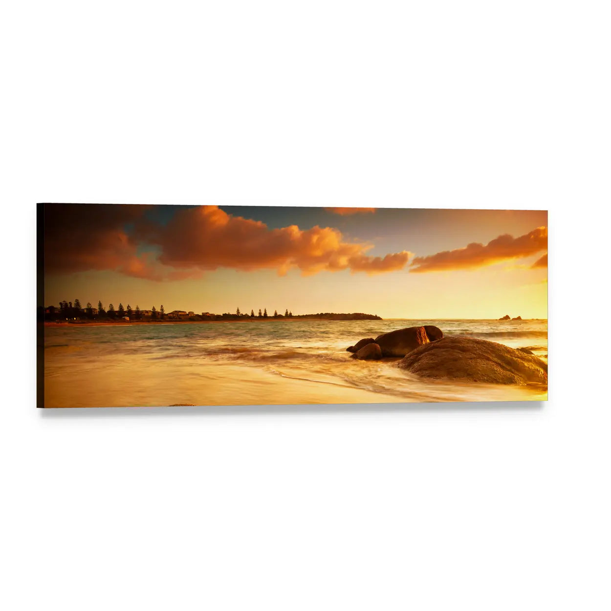 Golden Sunrise on Australian Beach Panoramic Canvas Wall Art, single panel gallery wrapped canvas, angled product view