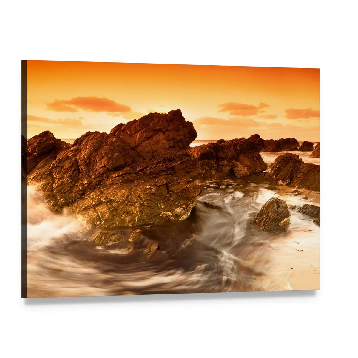 Sunset Coastal Rocks and Misty Waves Canvas Wall Art, single panel gallery wrapped canvas, angled product view